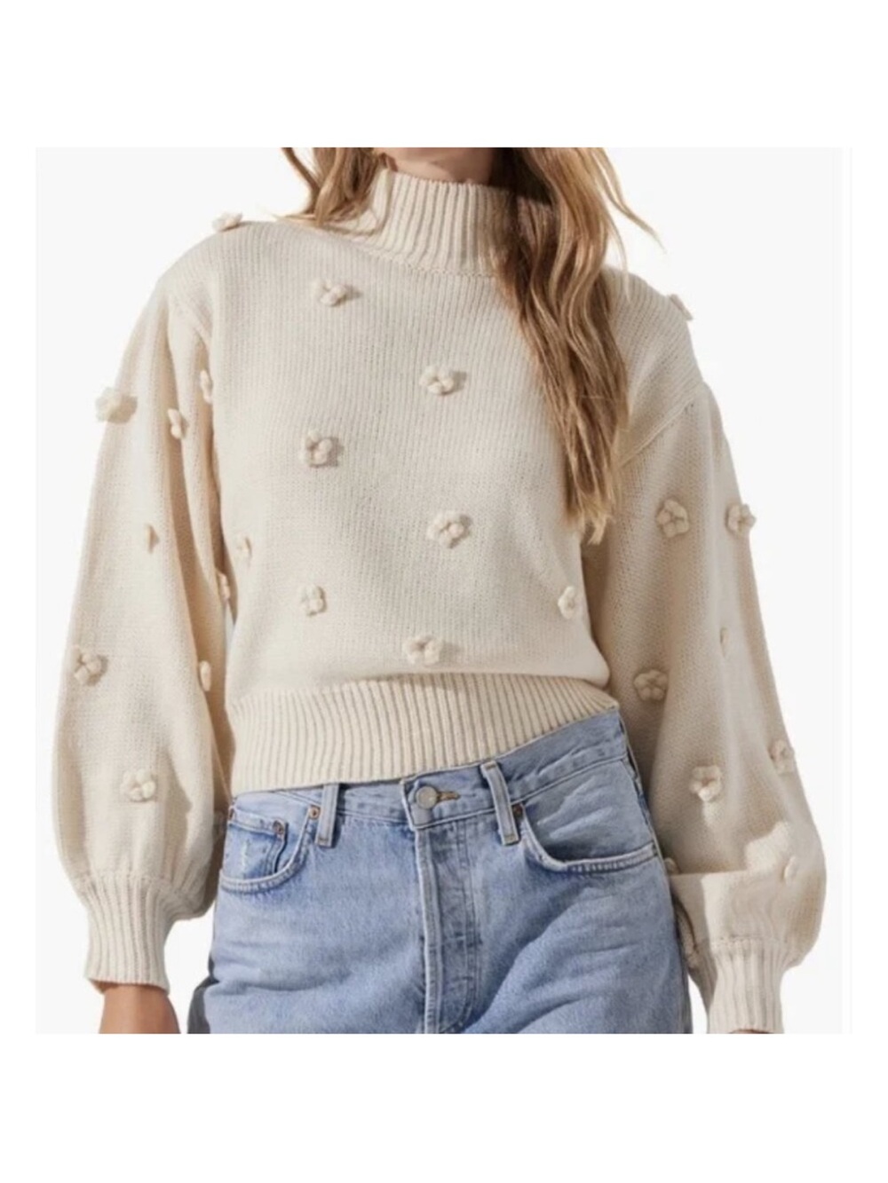 Cream Textured Mock Neck Sweater
